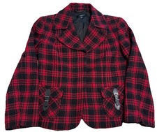 TALBOTS Red Black Sparkle PLAID WOOL BLEND CROPPED BLAZER Size 4 Hidden Buttons
