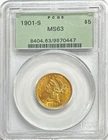1901 S GOLD USA $5 DOLLAR LIBERTY HEAD HALF EAGLE COIN PCGS MINT STATE 63 PQ