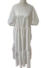 Asos Crisp White Cotton Puff Sleeve Teired Maxi Dress Uk 14 Part Open Back