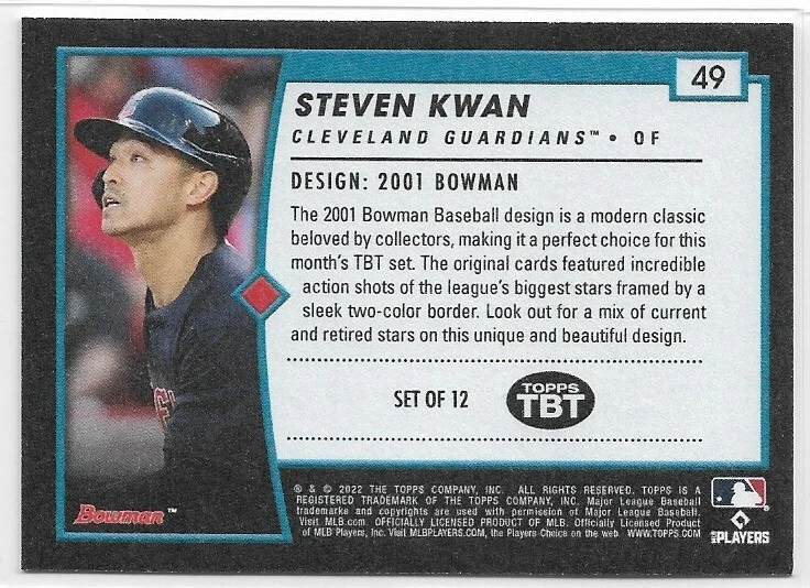 2022 Topps Throwback Thursday Steven Kwan Rookie #49 Guardians RC PR 5,275 - Image 2 of 2