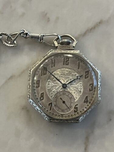 Vintage White Gold Waltham Open Face Pocket Watch Running