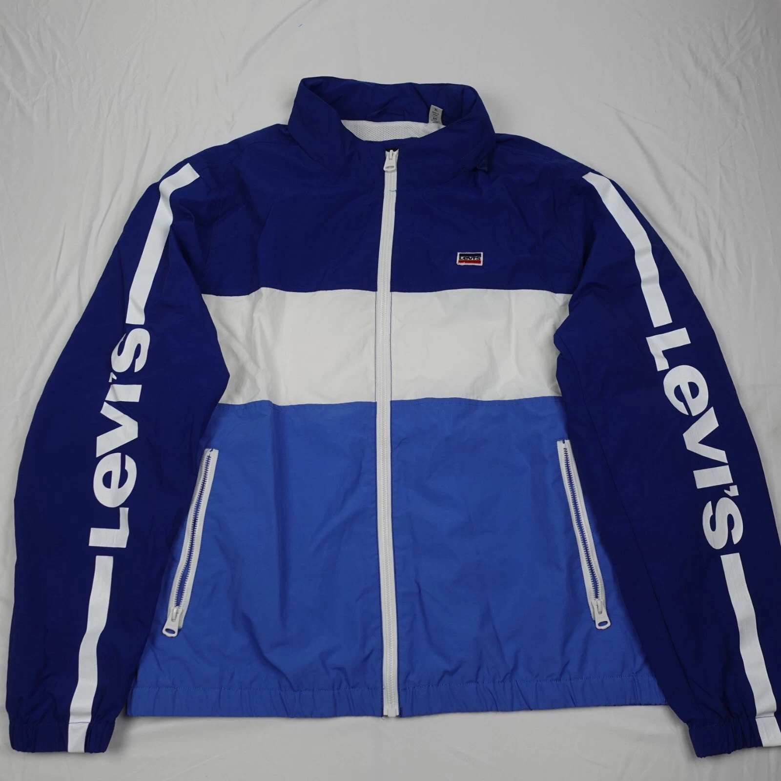 Levis Windbreaker Jacket Adult XL Full Zip Mock Neck Logo Sleeve Blue Color Men