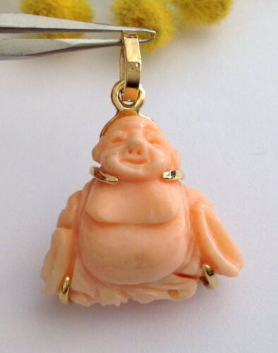BUDDHA"" PENDANT IN 18KT YELLOW GOLD AND PINK CORAL - Picture 1 of 1