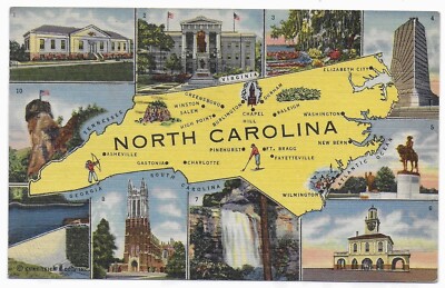 Postcard Linen NC North Carolina c1952 State Map w/ Feature Multiview Photos D29