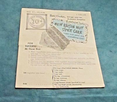 Vintage Betty Crocker recipe sheet No. 67-Plain new raisin nut spice cake