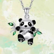 Cute Cartoon Panda Holding Bamboo Pattern Pendant Necklace For Girl Birthday New