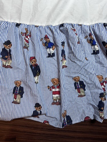 Vintage Polo Ralph Lauren Teddy Bear Blue Striped TWIN Bedskirt Ruffle Retired