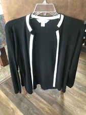 Ming Wang Black & White Edge Cardigan Sweater Size Large L/S Acrylic Excellent!