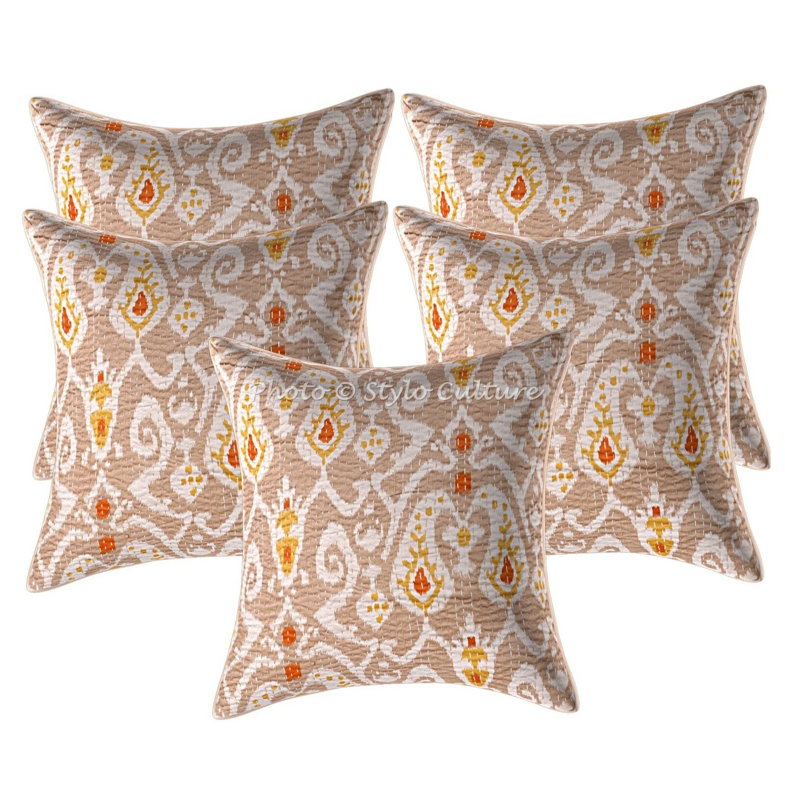 Living Room Cotton Kantha Sofa Pillow Cover Beige Ikat Cushion Cover Home Decor