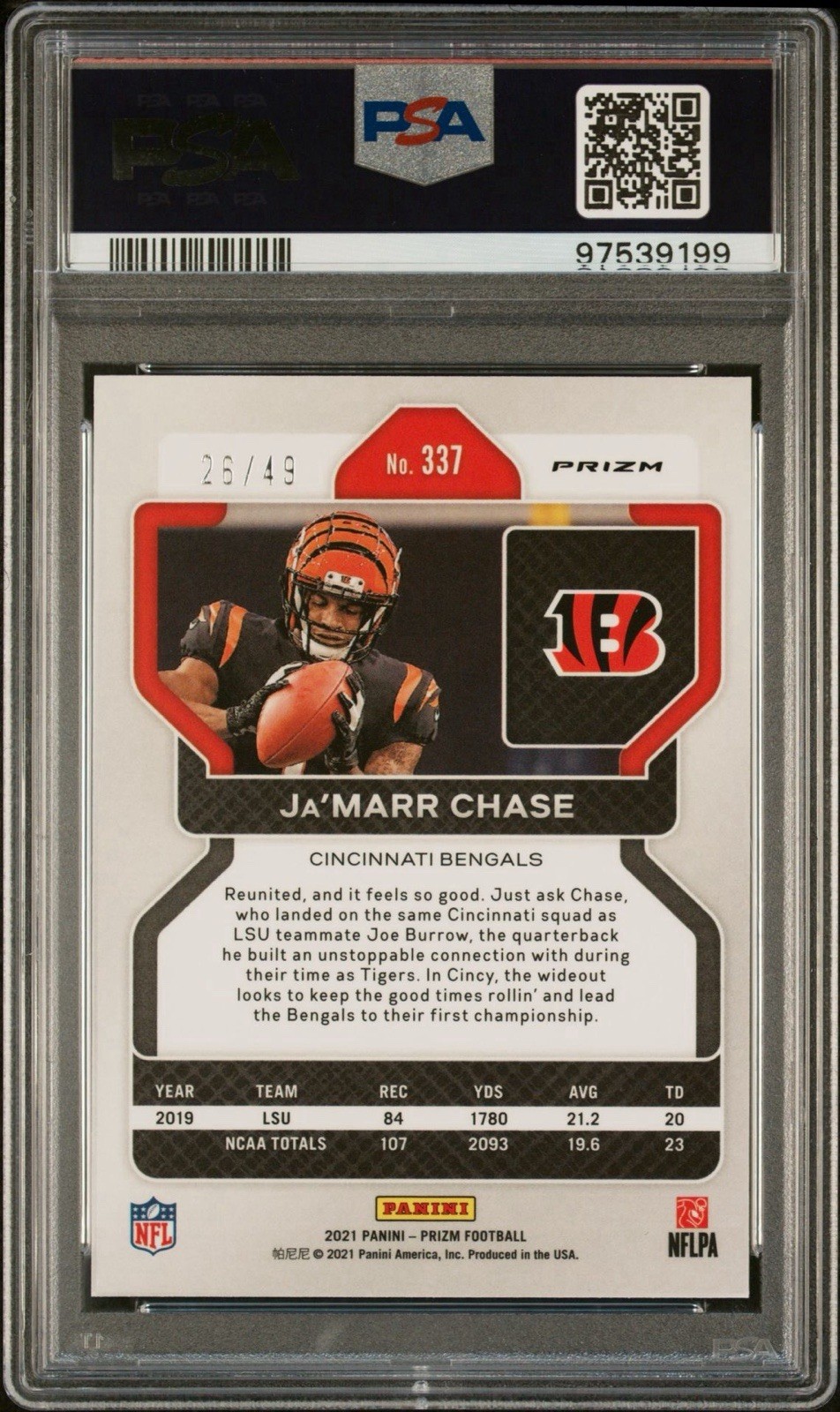 Panini 2021 Prizm Ja'Marr Chase RC #337 Purple Power Prizm /49 PSA 10 RARE 🔥 view 2