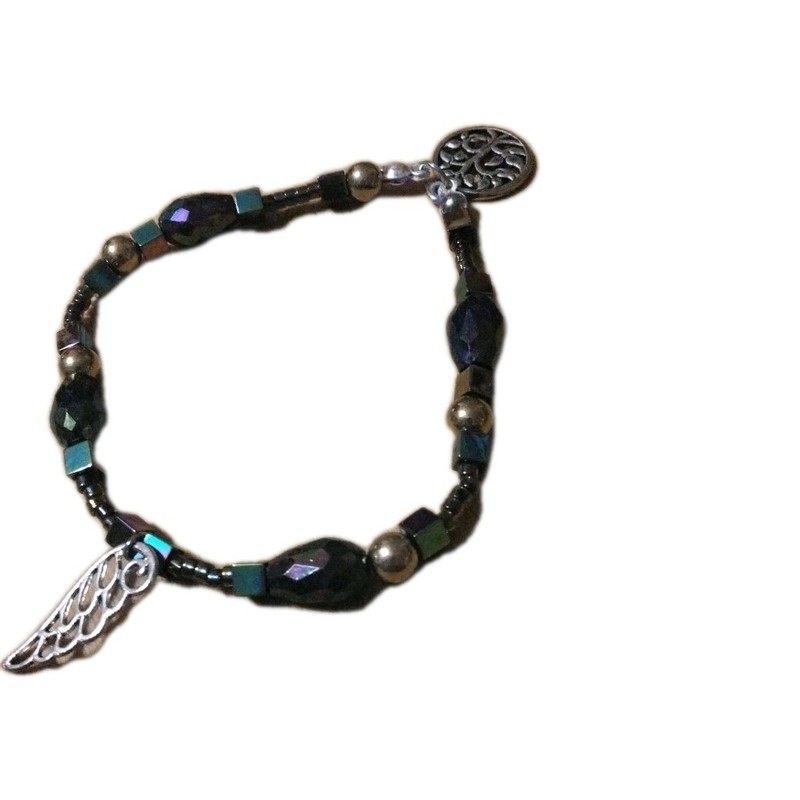 Handmade Elastic Bracelet-6.75 in.-Blue Black Plastic and Glass Beads-2 Charms.