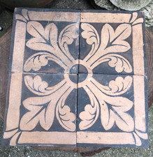 Antique French Fleur De Lys tin glaze floor tiles clay terracotta 20th century
