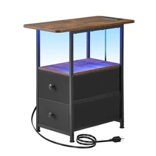 Narrow End Table with Charging Station, Narrow Side Table with 2 Fabric Drawe...