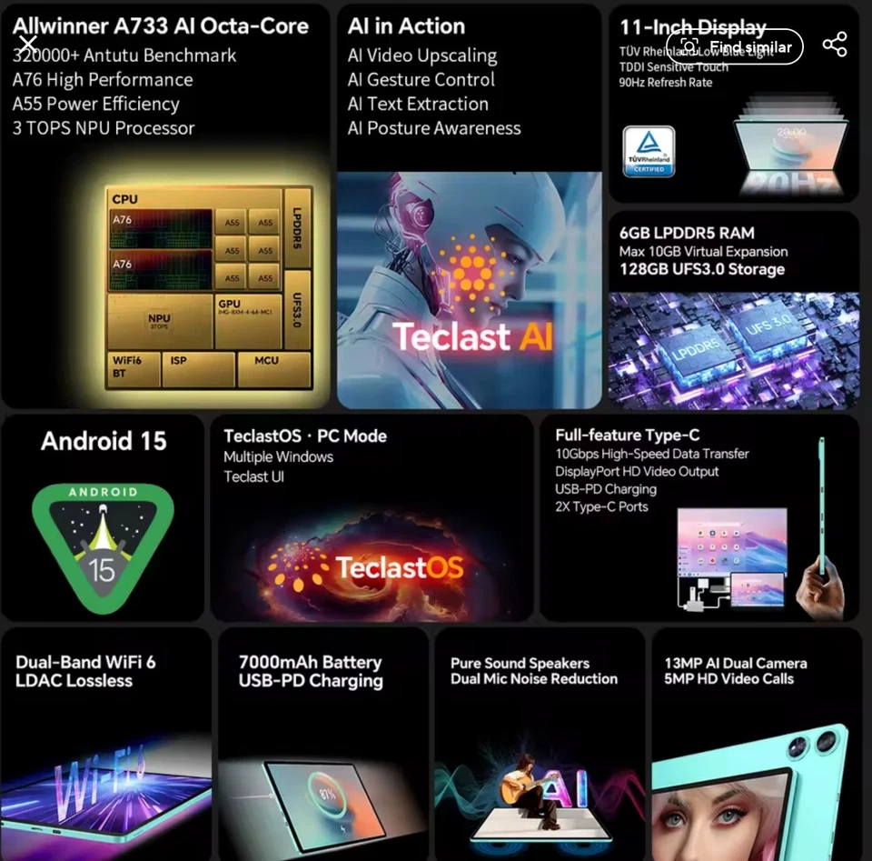 Teclast P50 AI 11" 6+128GB Android 15 Allwinner A7333-AI Octacore LPDDR5 Tablet - Image 3 of 4