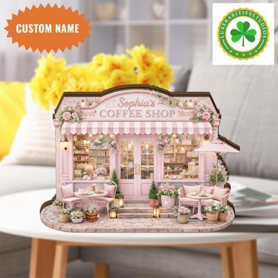 Custom Coffee Shop Wooden, Personalized Cafe Sign, Floral Pink Display Decor