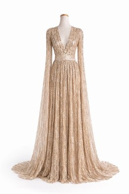 Elie Saab Sequin Cape Gown, Gold (Size 36 Small) Couture - New $8,855