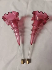 2 Vintage Victorian Cranberry Glass Epergne Replacement Pieces Horn Trumpet
