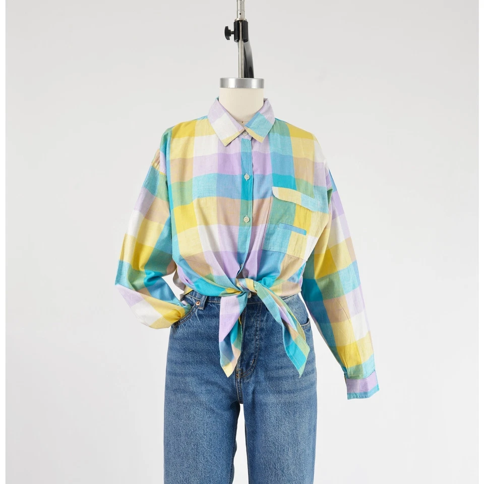 Blusa Madrás Camisa Vintage Años 90 Algodón A Cuadros Cuello Abotonada Talla S M Foto 3 de 4