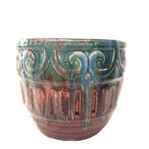 Vintage McCoy Rainbow Scroll Jardiniere Planter Green Brown USA Pot