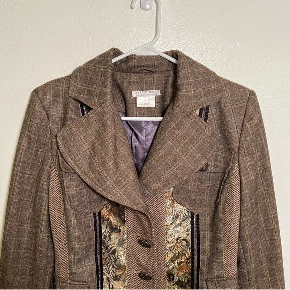 Alberto Makali Women’s Size Large Blazer Tweed Satin Floral Panels Pockets Plaid - Image 2 of 4
