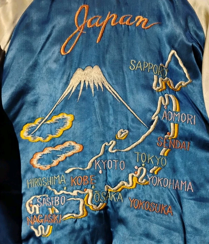 Vintage Sukajan Souvenir Jacket Tiger Hawk Reversible Blue Pink Japan 40s 50s - Image 2 of 4
