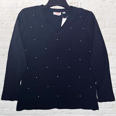 Quacker Factory Waffle Knit Rhinestone Long-Sleeve Top Size S V-Neck Casual NWT