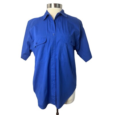 Talbots Women Blouse Size Medium Blue Button Up Short Sleeve Cotton Casual 