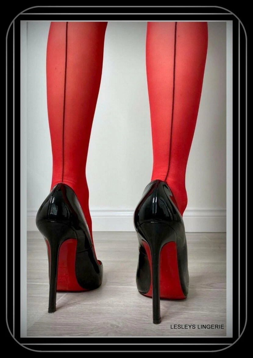 LADIES RED TIGHTS BLACK SEAMS CUBAN HEELS 15 DENIER SHEER UK 10-16 HIPS  36-42