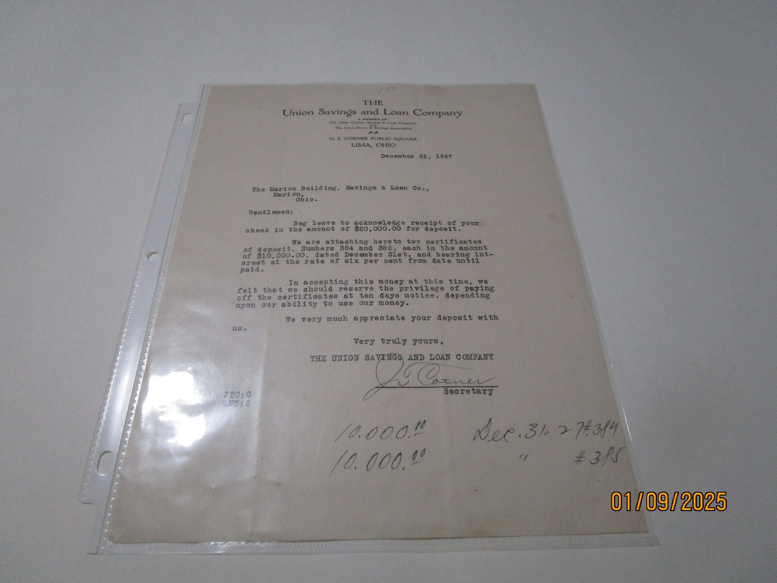 UNION SAVINGS BANK LIMA OHIO  6% INTERESTON $10,000 CERT OF DEPOSIT DEC 31 1927