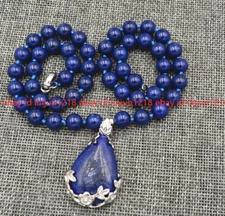 Natural Blue Egyptian Lapis Lazuli Gemstone Round Beads Drop Pendant Necklace