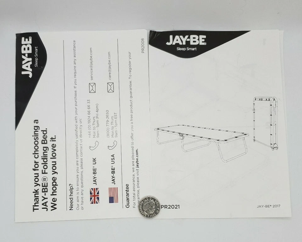 MANUAL DE INSTRUCCIONES Y TARJETA DE GARANTÍA para una cama individual plegable JAY-BE PR2021 Foto 3 de 3