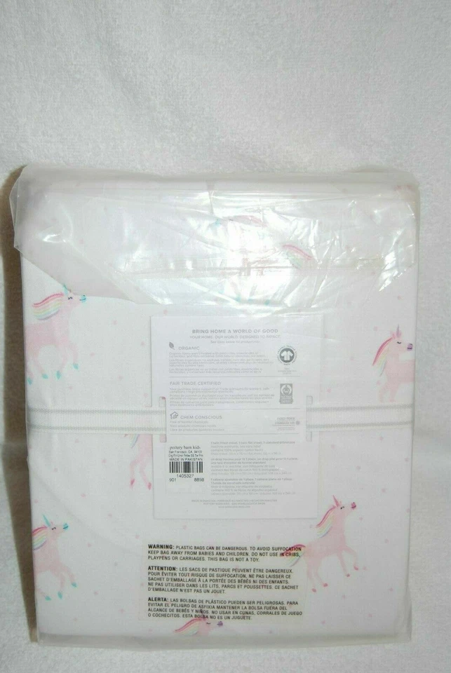 NEW Pottery barn kids Organic Flannel Rainbow Unicorn TWIN Sheet set Pink Horse  - Image 4 of 4