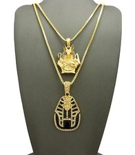 Egyptian Pave Pharaoh King Tut, Anubis Pendant 24",30" Box Chain 2 Necklace Set