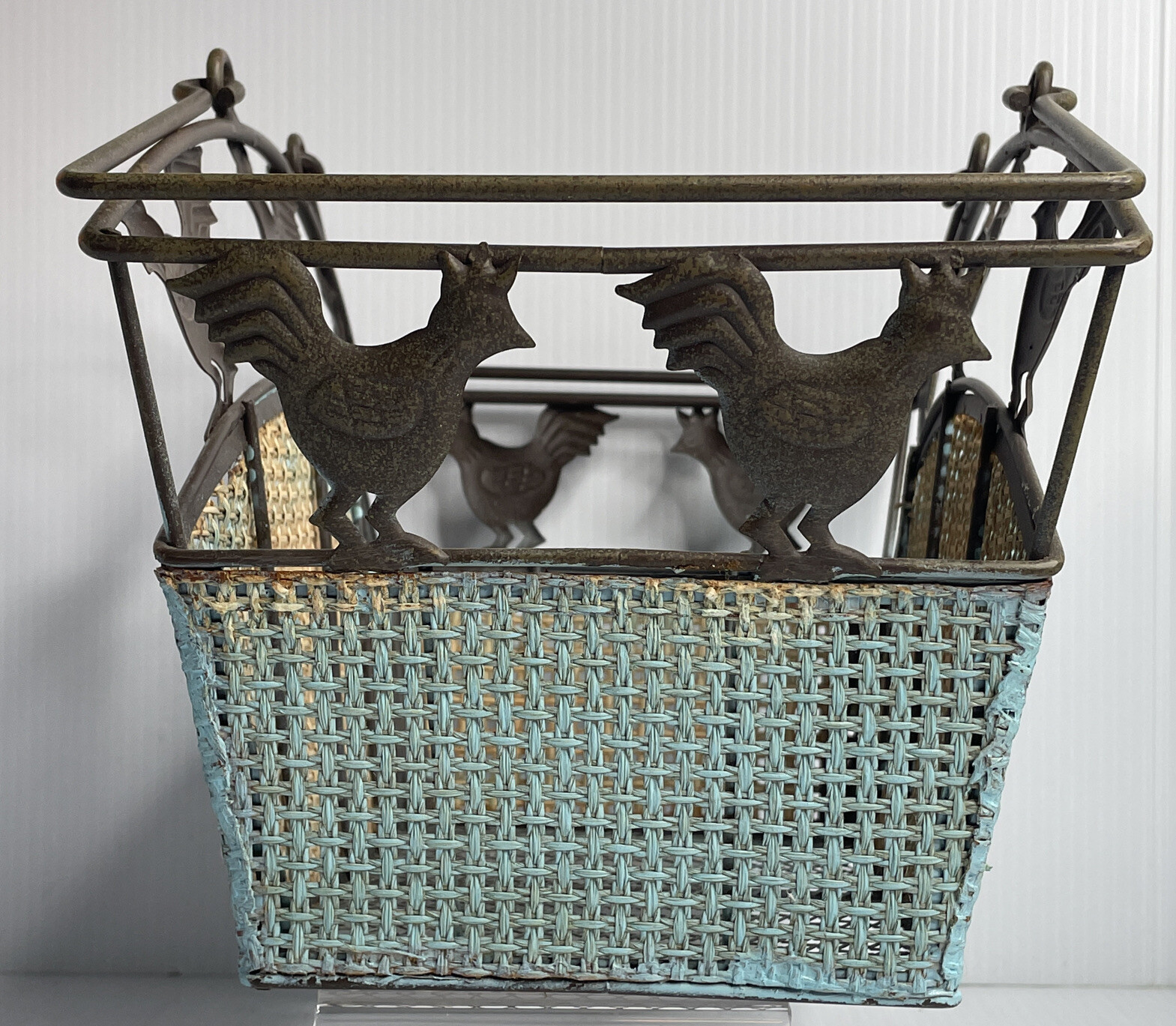 Decorative Basket Metal and Wicker With Chicken Rooster Motifs Handles ...