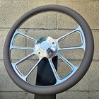 14" Billet 4 Spoke Steering Wheel W/ Gray Vinyl Half Wrap and Forever Sharp Horn