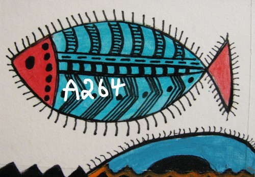 A264   ORIGINAL ACRYLIC ACEO  PAINTING BY LJH        "FOLK ART  FISH & CORAL''