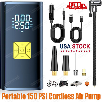 #ad 150 PSI Air Compressor Tire Inflator Fits Car Moto Bike Ball Air Pump Cordless $21.98