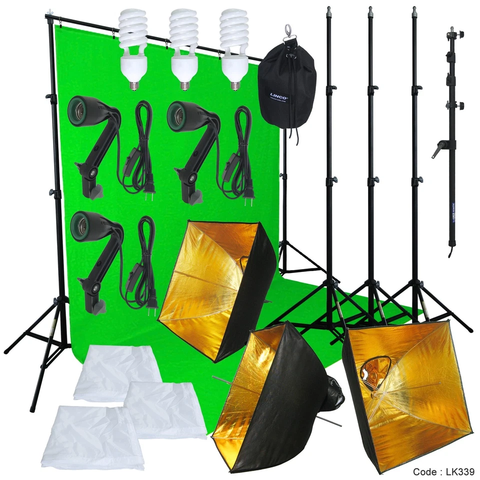 Green Screen Muslin Backdrop Stand Photography Studio Lighting Kit - Image 2 of 4