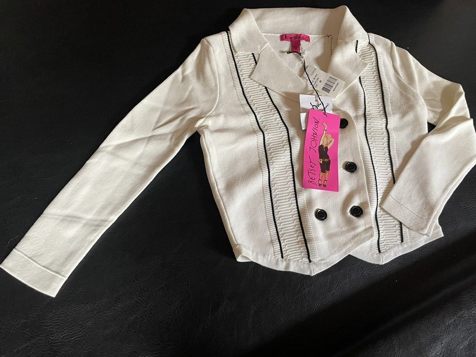 NUEVO Suéter Cárdigan Recortado Betsey Johnson Blanco con Rayas en M con Etiquetas