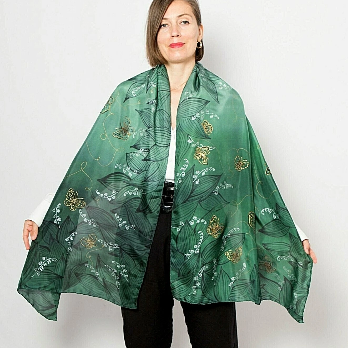 Hand Painted Silk Scarf Lily Of The Valley Green Floral Summer Scarf Gift