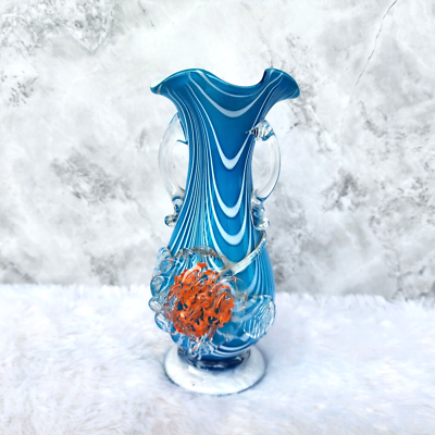 Vintage Floral Blue White Swirl Glass Pontil Mark Flower Flower