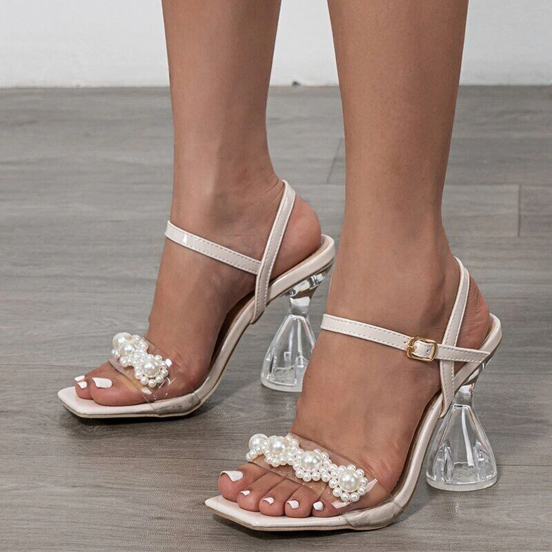 Summer Women's High Heels Sandals Pvc Transparent Ankle Strap Beaded Shoes  Dress