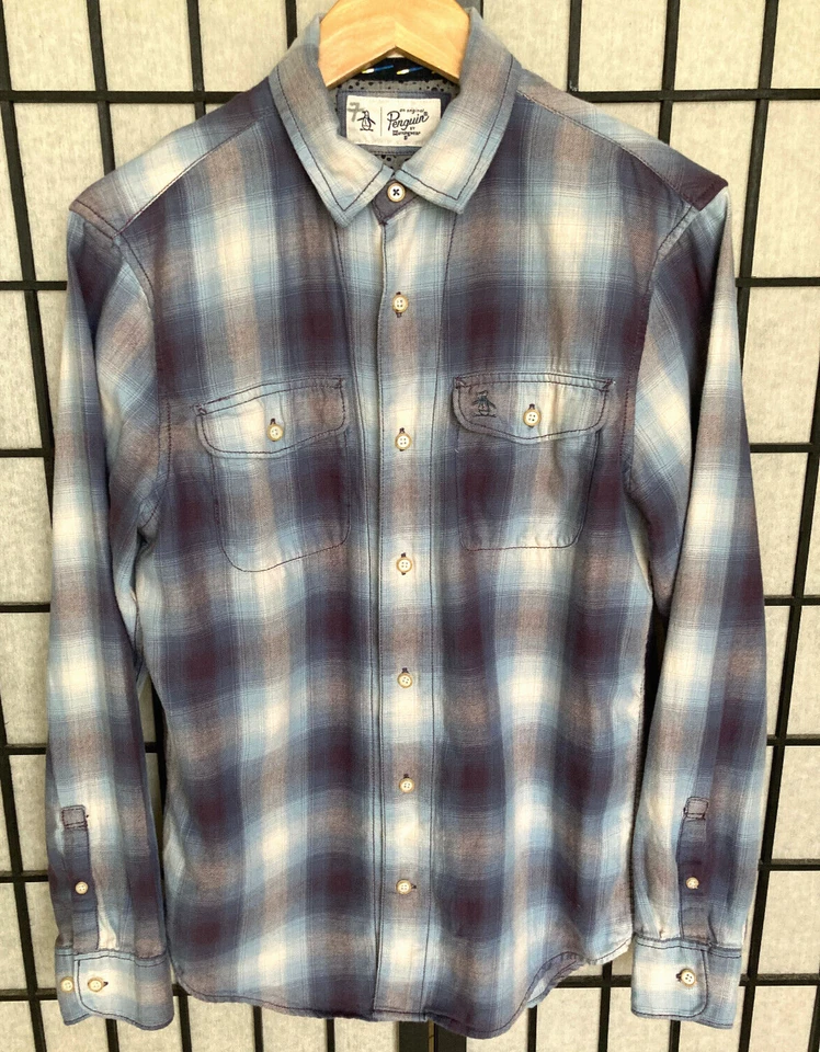 Original Penguin Blue Plaid Shirt Button Up Long Sleeve Men's Size S - Image 2 of 4