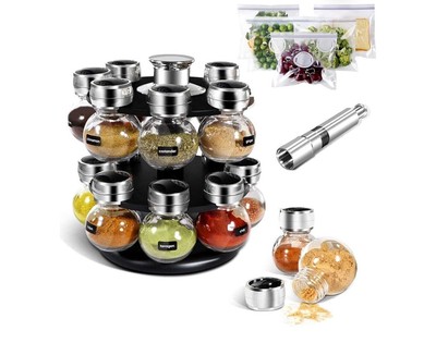 PREMIER HOUSEWARES 14 GLAS LEER GEWÜRZREGAL GLAS KLAPPDECKEL DREHBAR GEWÜRZ