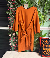 Boohoo Orange Solid Shift Dress Tie Waist Belted Round Neck 3/4 Sleeve 14