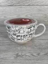 Maison Plus Bone China Mug w/ Lid 20oz Music Note Design Microwave Soup Bowl New