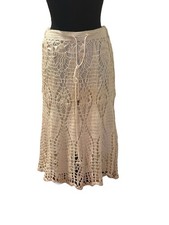 VTG Crochet Tan Cream Midi Skirt Moda International Drawstrings Sz XS
