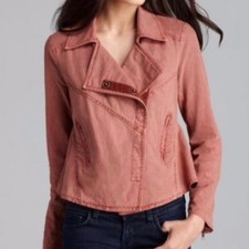 Free People Rosewood Washed Linen-Blend Moto Jacket, Dusty Pink,Small, Boho Chic