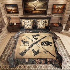 Hunting and Fishing Comforter Set Queen 7 Piece Tree Camo Bedding Set with Sh...