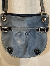 Fossil Blue leather crossbody purse with Prominent decorative Buckles Vintage